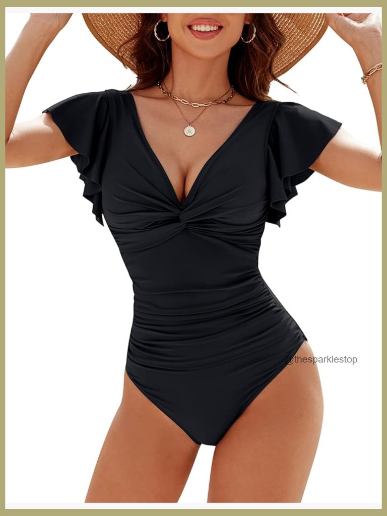 Tummy Control V Neck One Piece Swimsuit Lace-Up Ruffle Swimwear